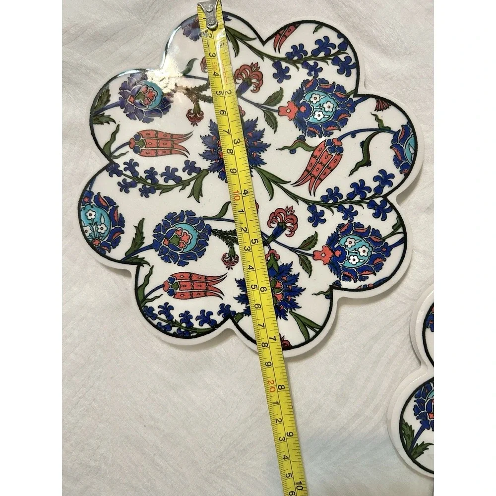 2 Turkish Ceramic Kitchen Hot Plate Trivet Purple Red Flower Shape 7.25